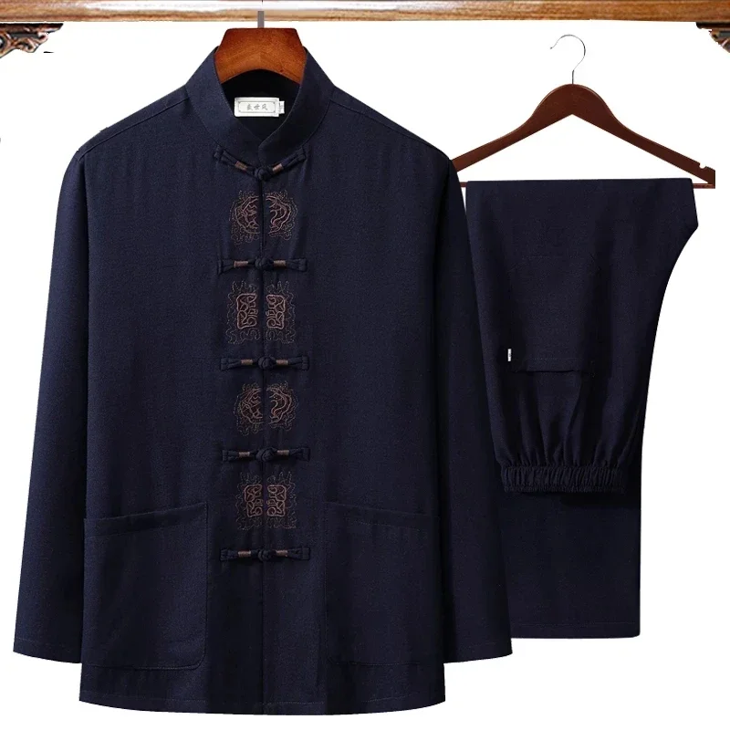 Mens Linen Shirt Long Sleeve - ฤดูใบไม้ร่วงใหม่เย็บปักถักร้อยชายจีนผ้าฝ้ายผ้าลินิน Wu Shu เสื้อผ้าเสื้อแขนยาวและกางเกงยาว Kung Fu