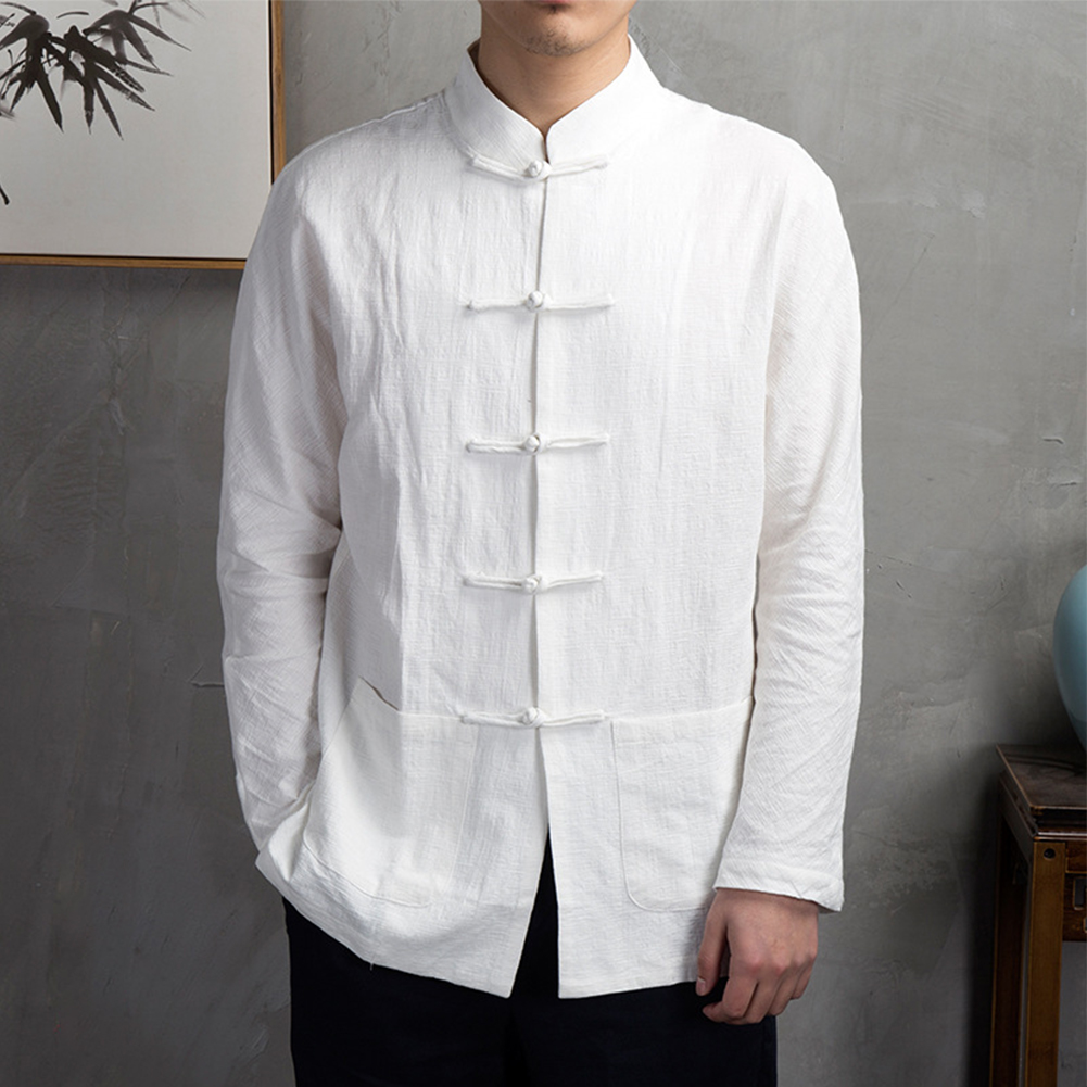 Mens Linen Shirt Long Sleeve - เสื้อผ้าผู้ชายสไตล์เรโทรลำลองแบบจีนโบราณ ชุดกังฟู ไทเก๊ก เสื้อคลุมแบบถัง แขนยาว ชุดยูนิฟอร์ม
