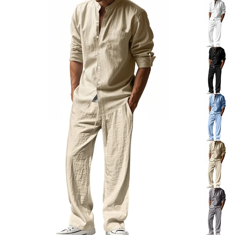 Mens Linen Shirt Long Sleeve - ชุดสูทลำลองผู้ชายผ้าลินินสี่ฤดูแบบอเมริกันข้ามพรมแดน ปี 2025 เสื้อเชิ้ตแขนยาวทรงหลวม กางเกงขายาว