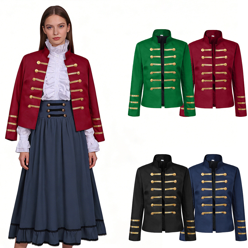 Jackets - เสื้อแจ็คเก็ตสไตล์ราชสำนักยุคกลาง กระดุมสองแถว คอตั้งย้อนยุค สำหรับผู้หญิง ชุดทหาร ชุดยศทหาร