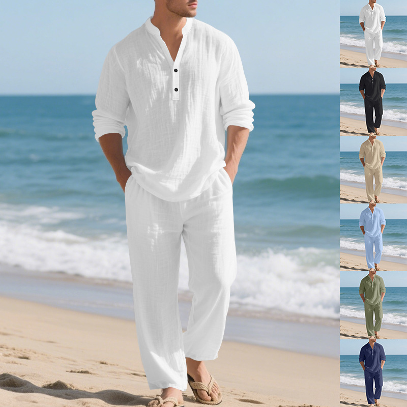 Mens Linen Shirt Long Sleeve - ชุดสูทผู้ชายผ้าลินินสไตล์ชายหาด แขนยาวทรงวี ระบายอากาศได้ดี พร้อมกางเกงขายาวทรงตรง 2 ชิ้น