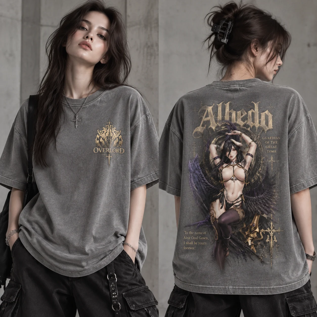 Acid Wash Vintage Graphic T Shirt - เสื้อยืดลายกราฟิก Albedo Overlord, เสื้อยืดโอเวอร์ไซส์สไตล์วินเทจ ลายฟอกสีแบบสองด้าน, เสื้อแขนสั้นสไตล์โกธิค