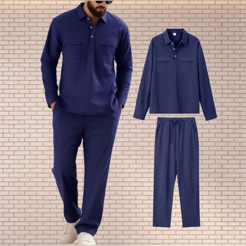 Mens Linen Shirt Long Sleeve - ชุดเซ็ตสองชิ้นผ้าลินินผสมสำหรับผู้ชาย เสื้อแขนยาวและกางเกงขายาวรูดเชือก ชุดลำลองสำหรับวันพักผ่อน