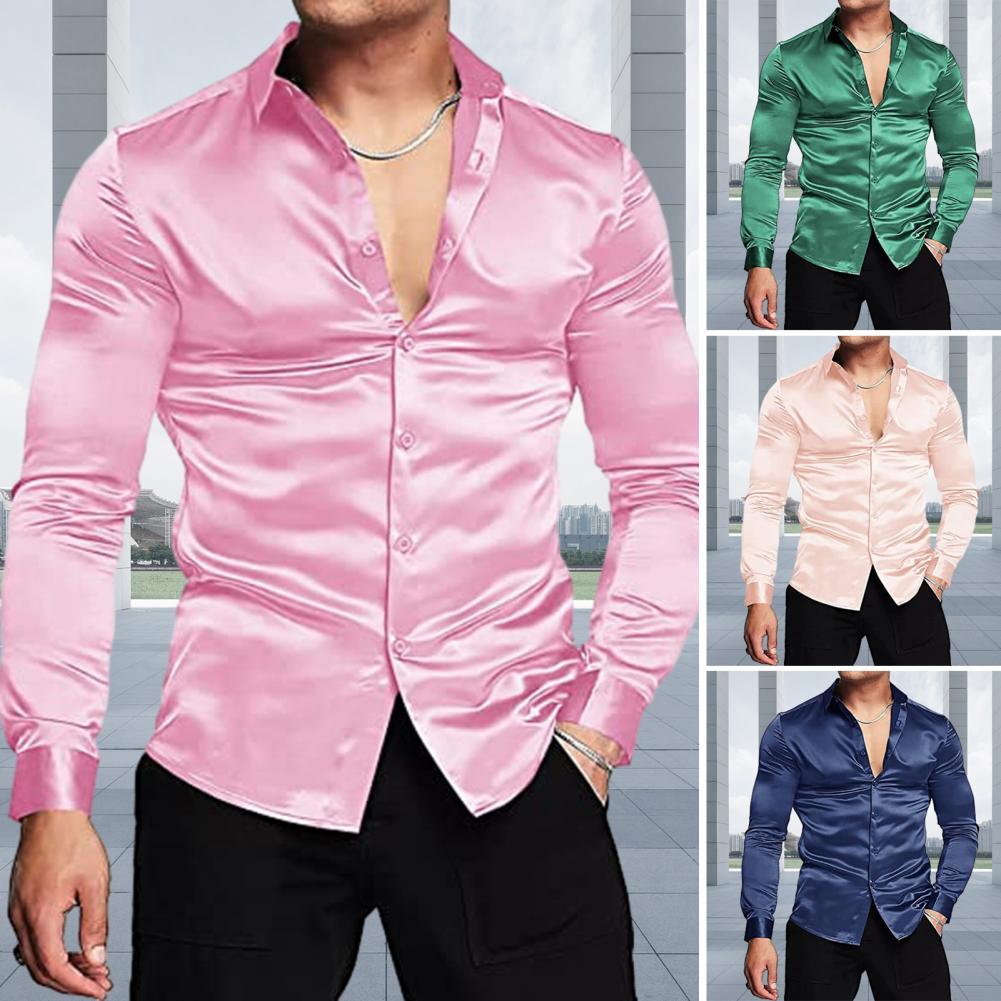 สีชมพูผ้าไหมซาตินหรูหราชุดเสื้ - Mens Satin Silk Dress Shirt บทวิจารณ์และราคา